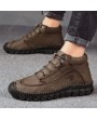 Boots - All-match Solid Color Men's Boots British Style Large Size Handmade Round Toe Mid-top Men's Leather Boots