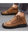 Boots - All-match Solid Color Men's Boots British Style Large Size Handmade Round Toe Mid-top Men's Leather Boots