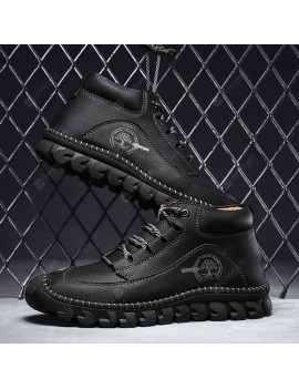 All-match Solid Color Men's Boots British Style Large Size Handmade Round Toe Mid-top Men's Leather Boots