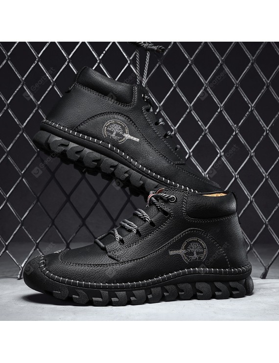 Boots - All-match Solid Color Men's Boots British Style Large Size Handmade Round Toe Mid-top Men's Leather Boots